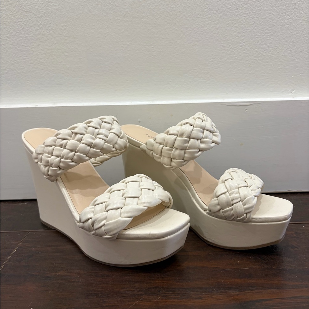 Nine West Cream Woven Wedge Sandals